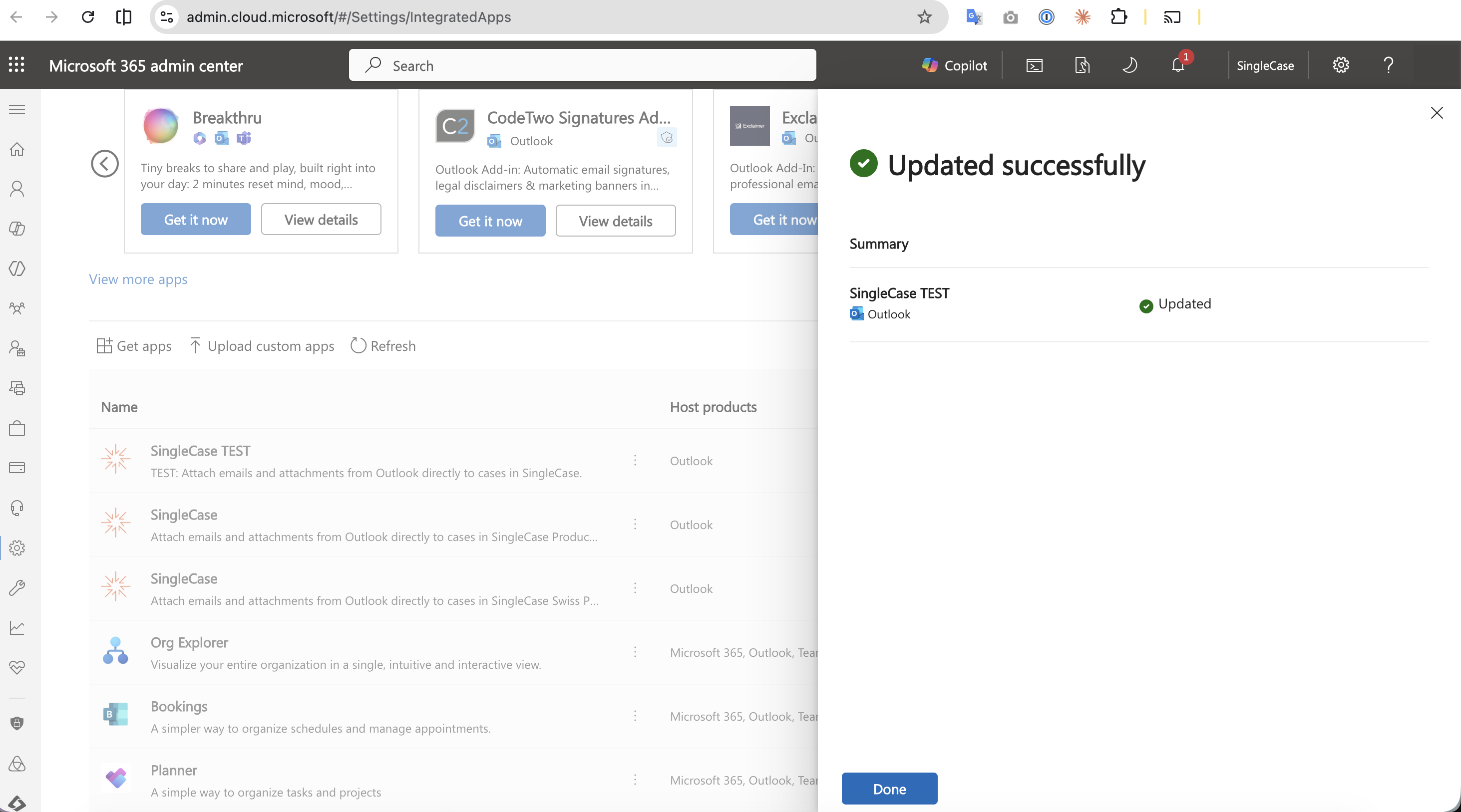 Updated successfully confirmation screen with the SingleCase add-in marked as Updated